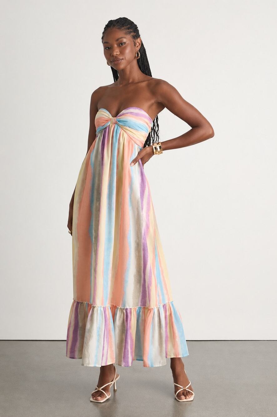 NWT Lulus Kelia Peach Multi Striped Midi Dress Coastal Resort Vacay Ruffled Sz L
